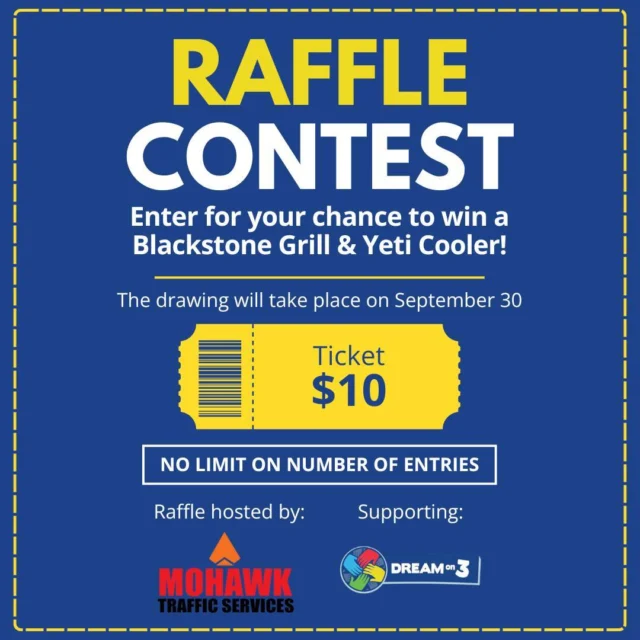 As a part of their efforts to be crowned Queen City Business of the Year, our friends at Mohawk Traffic Services are hosting an incredible raffle ending this Monday! Learn more and grab your tickets by commenting RAFFLE below. We'll send the link to purchase right to your DMs!

All raffle proceeds benefit Dream On 3.